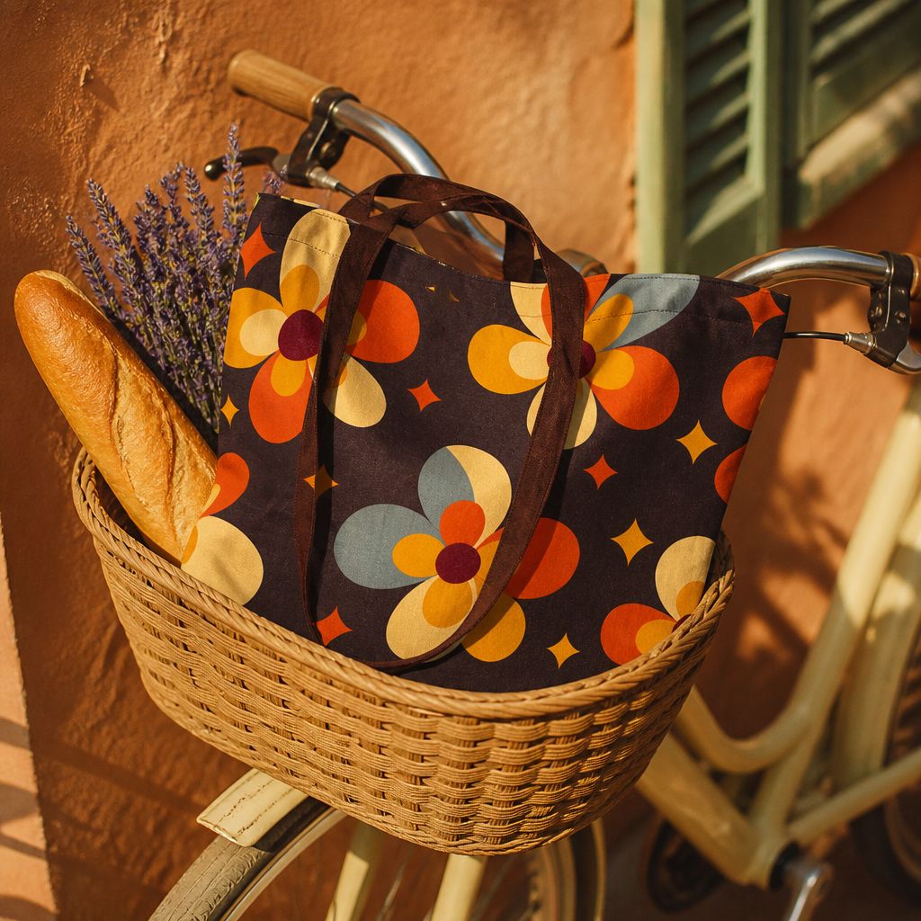Cosmos Aztec tote bag, butter-yellow and orange daisies with sparkle stars