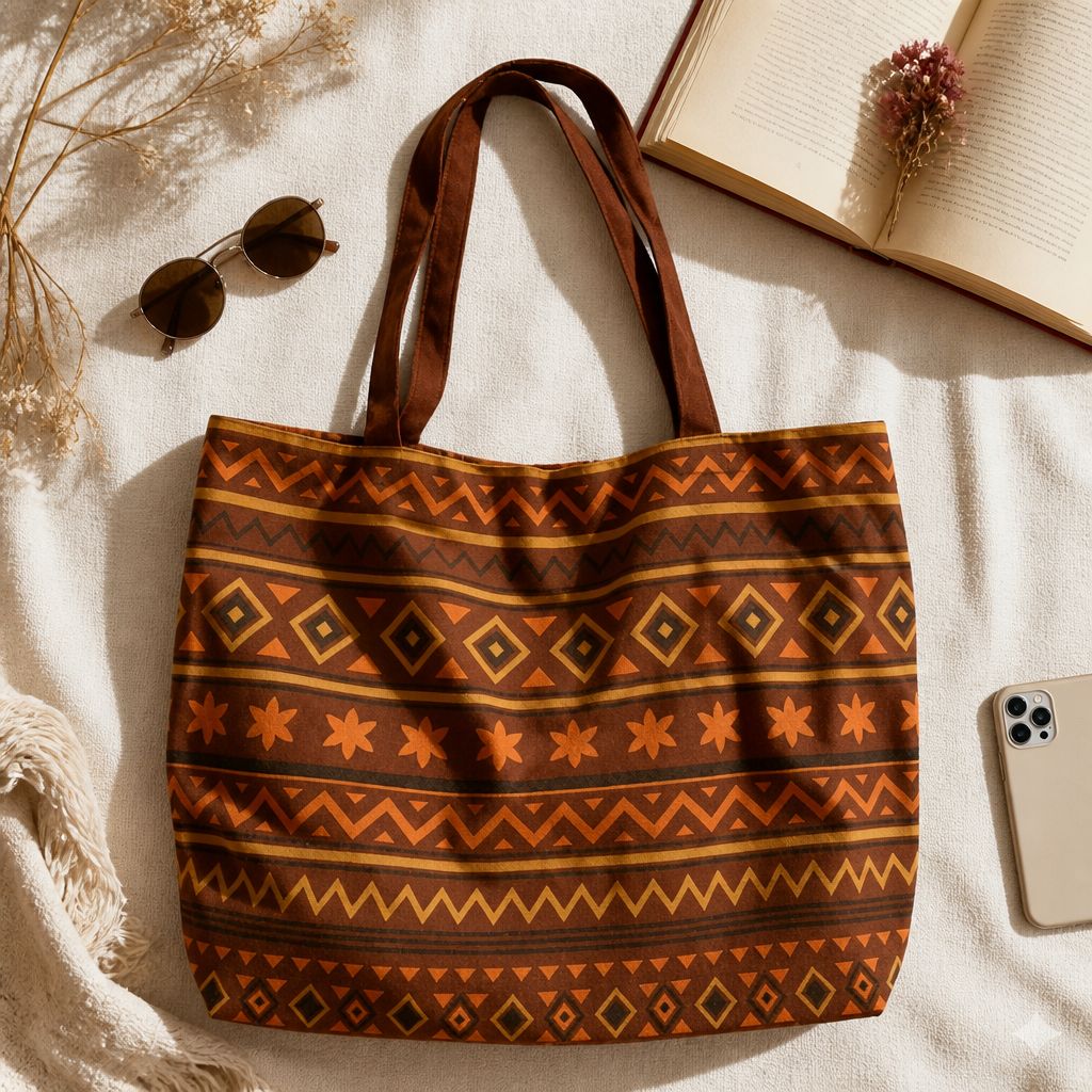 Savana Solara Aztec tote bag — sand canvas with burgundy and ink-navy diamond print