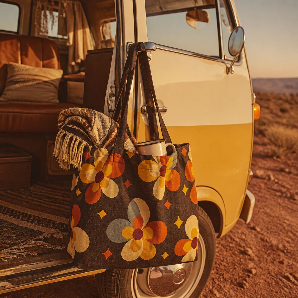 Cosmos Solara tote bag close-up, cosmic floral and star print on black