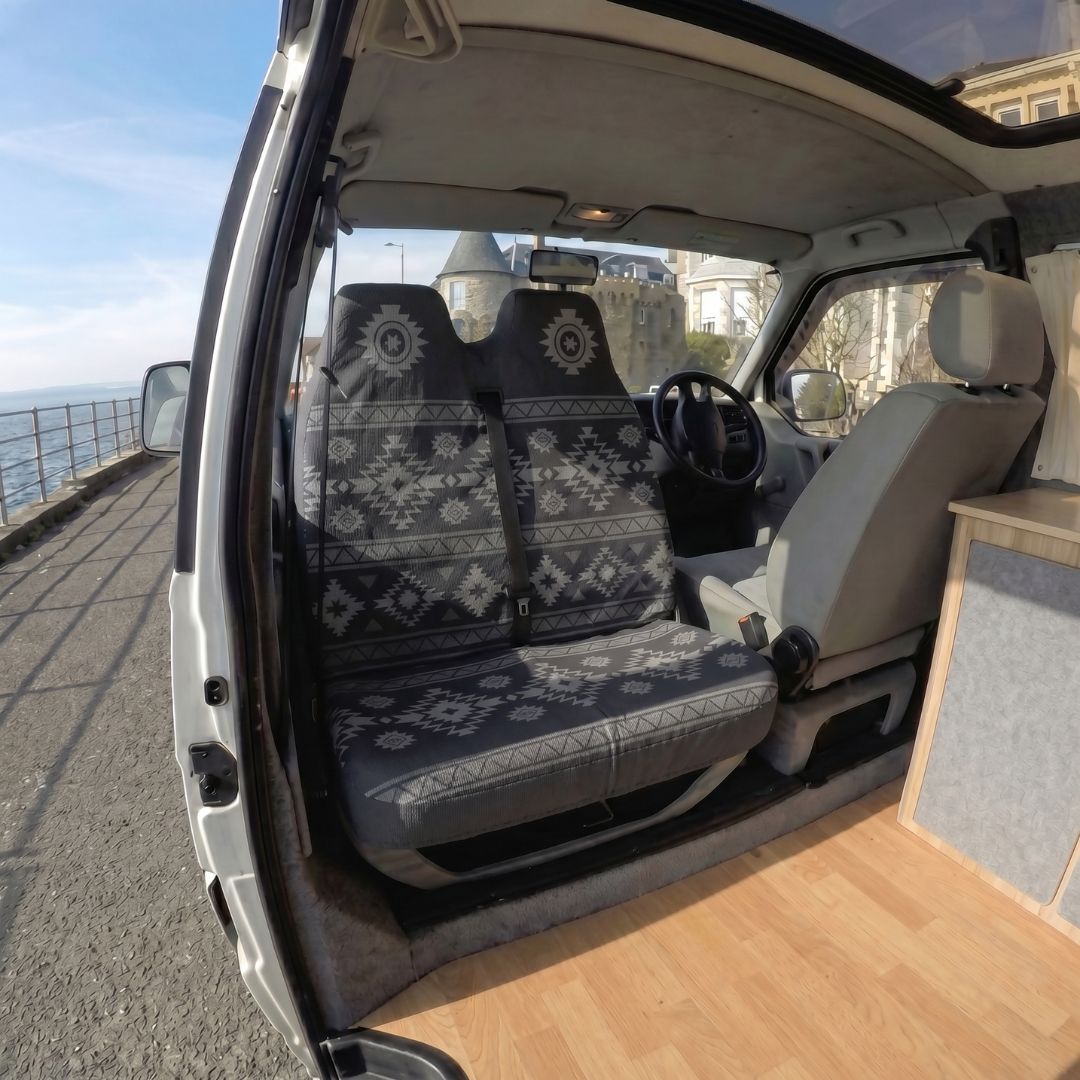 Solara Karma Aztec double front seat cover - black & grey geometric back view