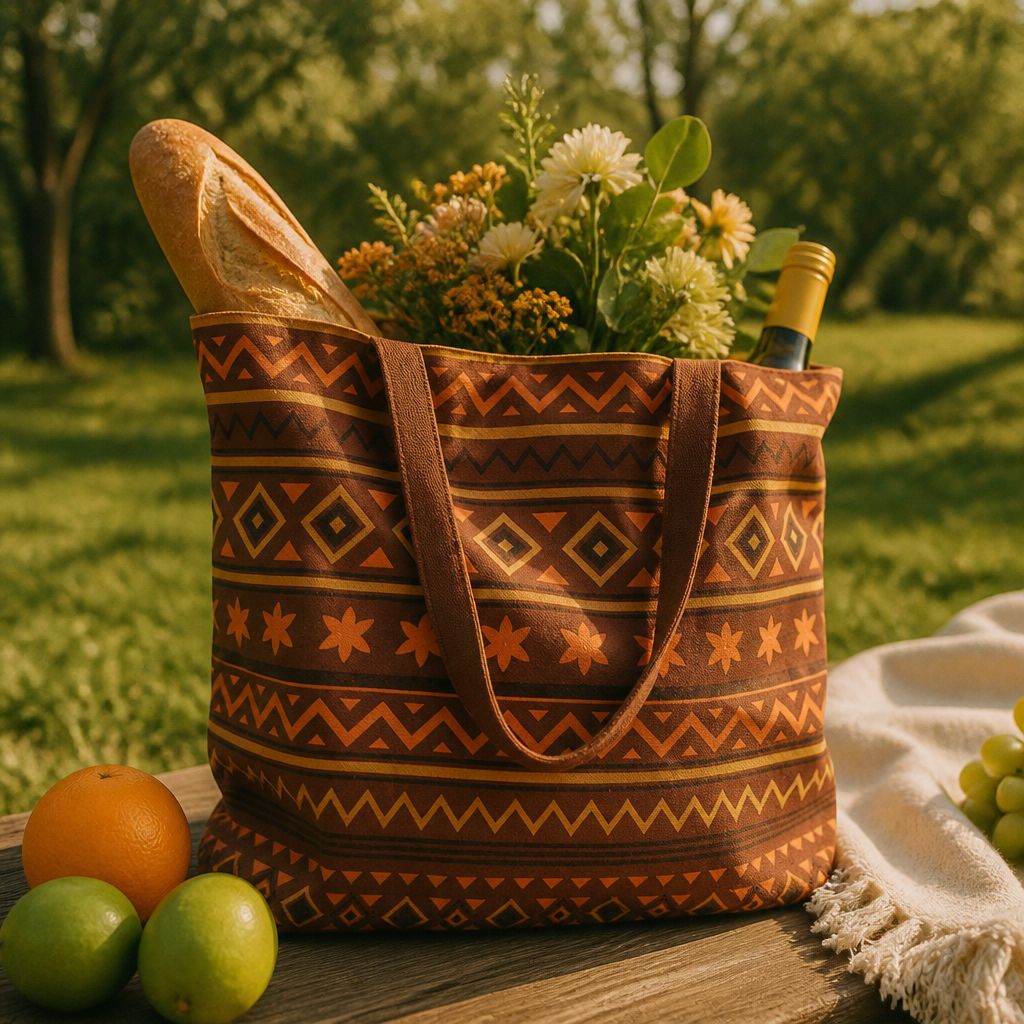 Solara Savana tote bag — sand canvas Aztec print with burgundy and navy