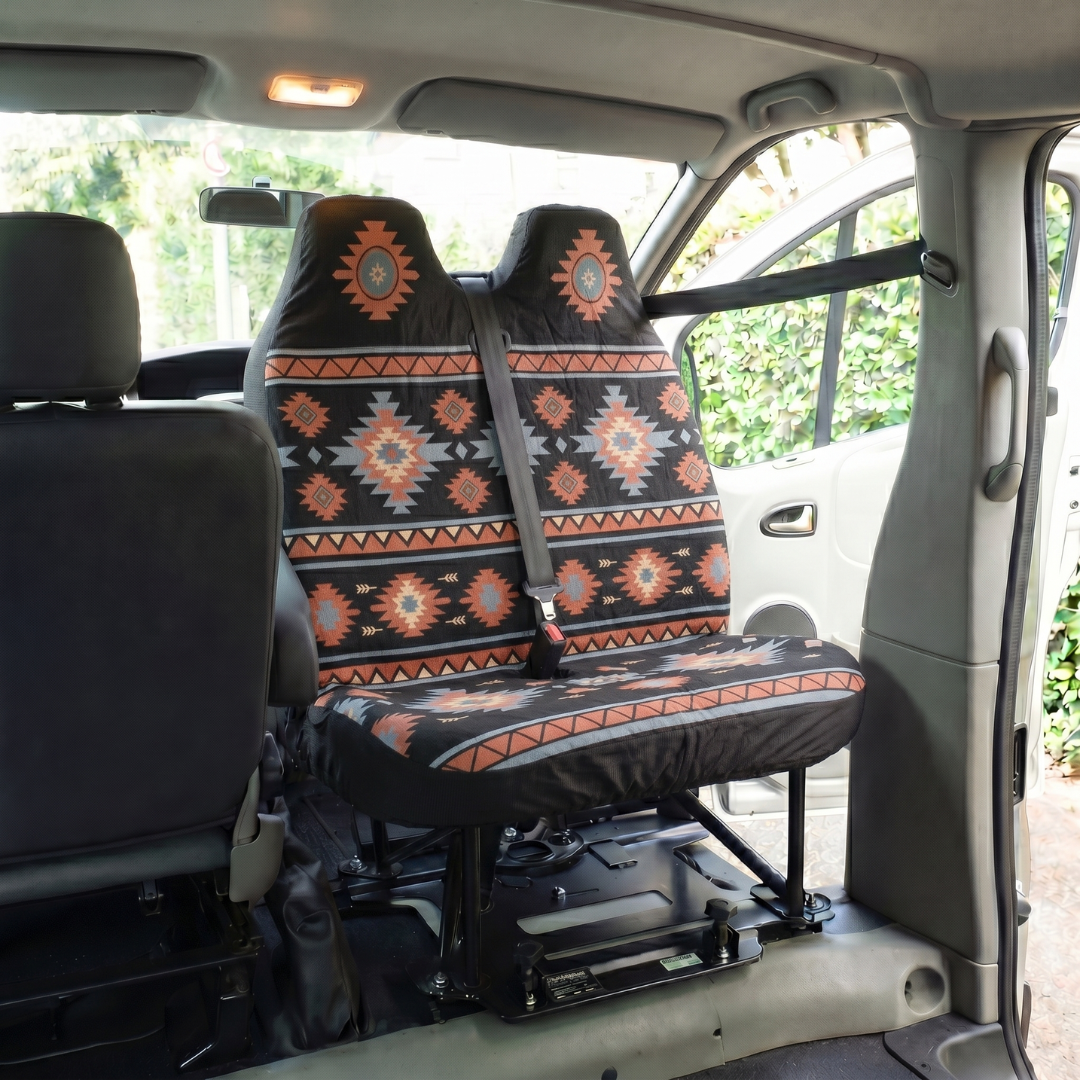 Zara double front cover close-up — black, red and orange Aztec pattern | Solara Covers
