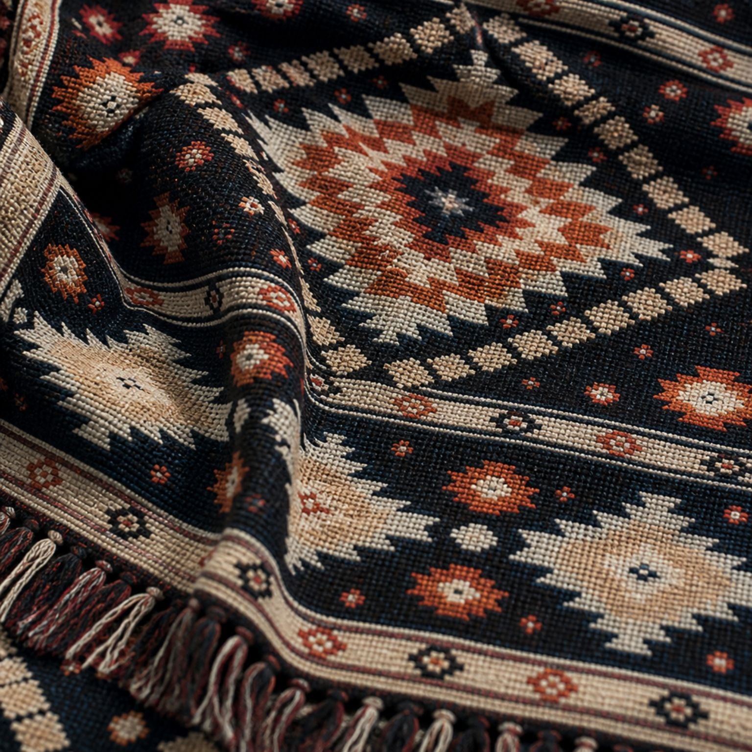 Zara jacquard woven throw rug — indigo and terracotta kilim, fringe detail | Solara Covers