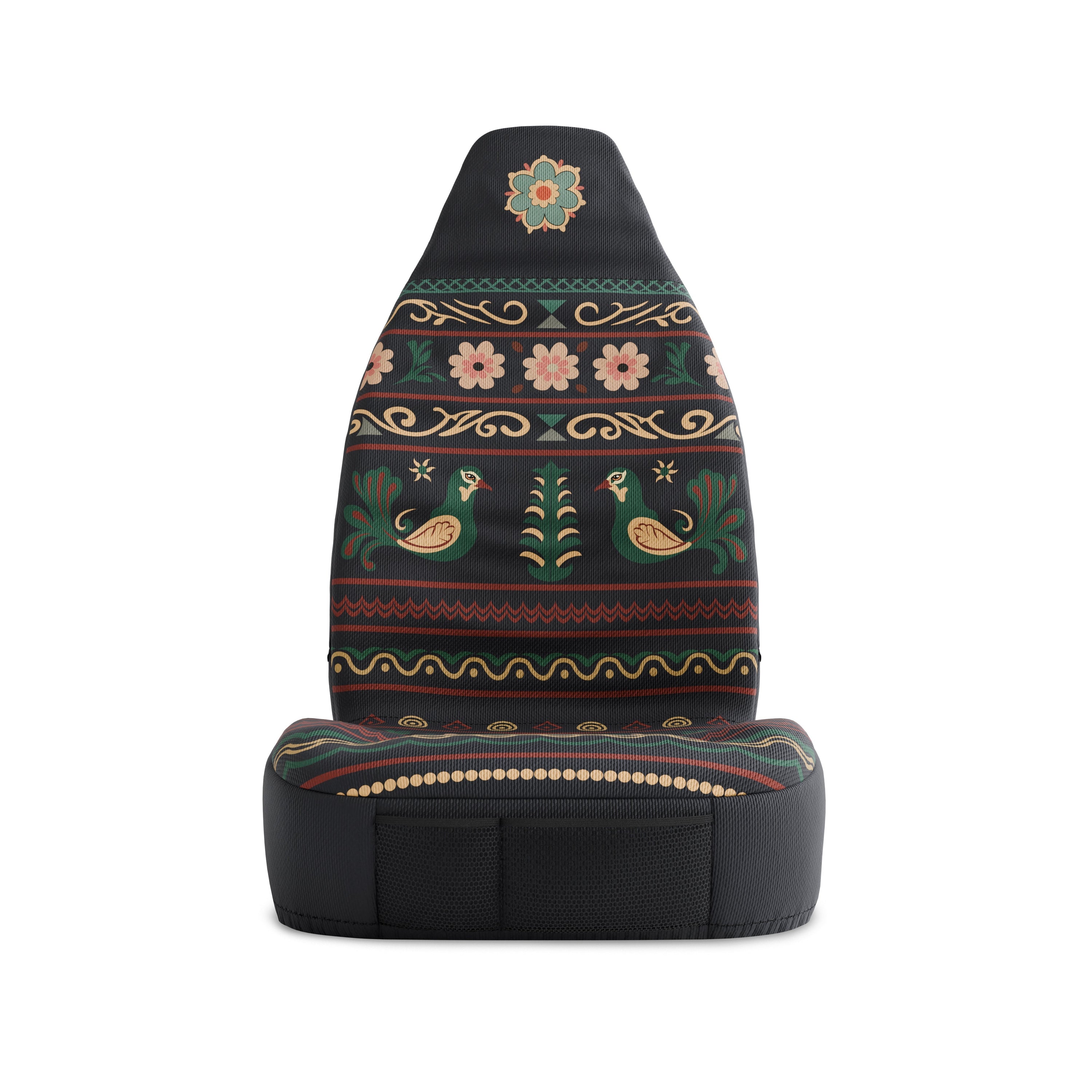 Solara Indira Folk Print universal seat cover - black with floral & deer motifs pattern detail