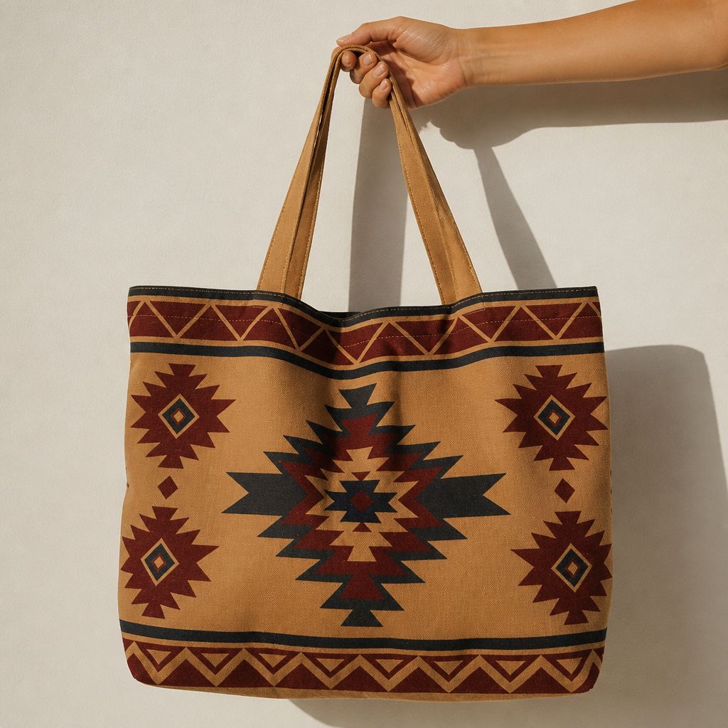 Indigo tote bag in chocolate-brown cotton canvas with retro 70s daisy print in cream and rust