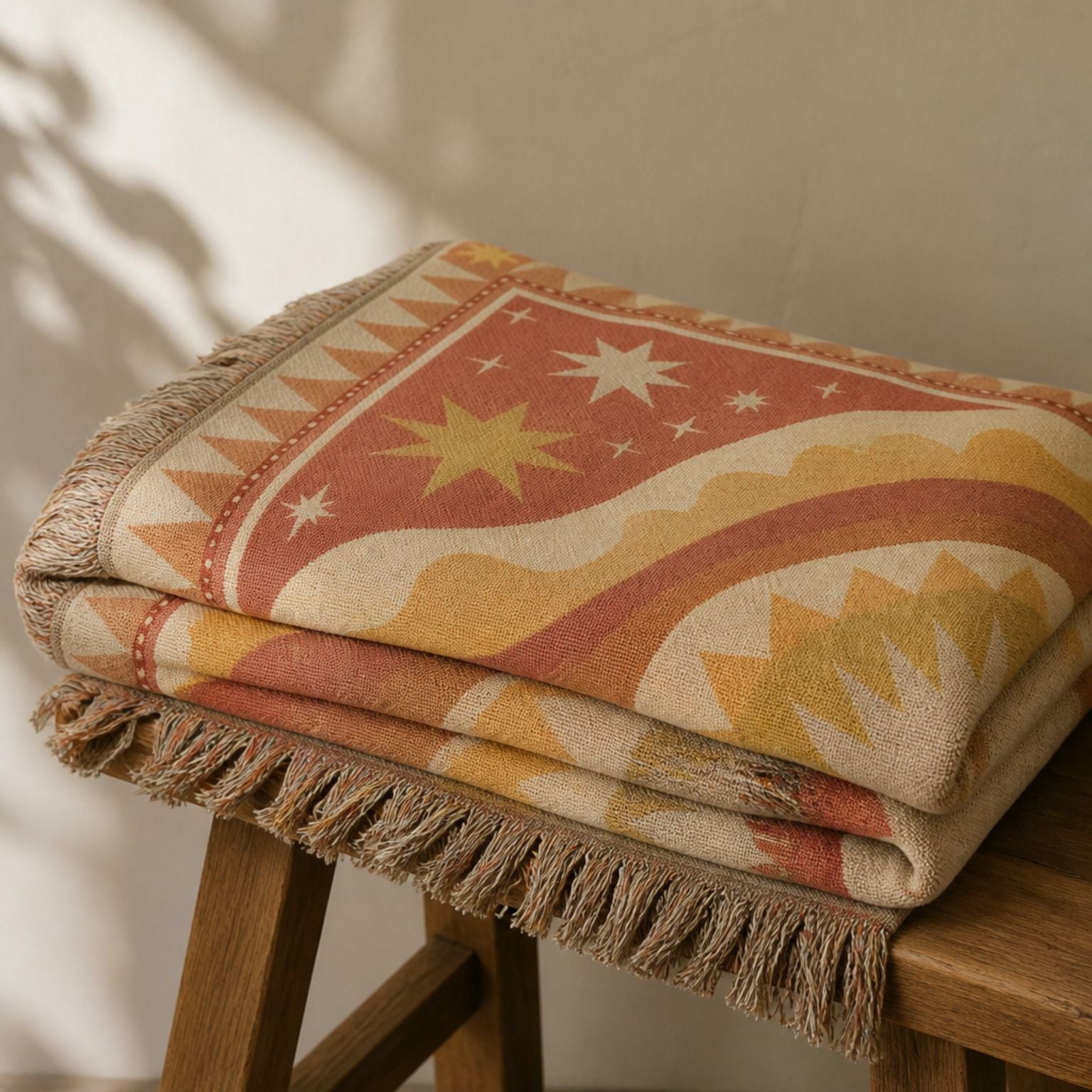 Horizon jacquard woven throw rug — sun and stars rug outdoor lifestyle shot | Solara Covers