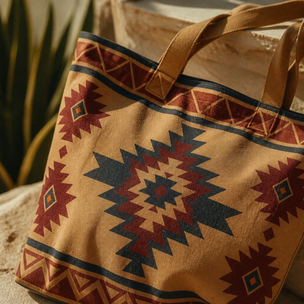 Indigo tote bag detail — 70s daisy motif on chocolate-brown canvas