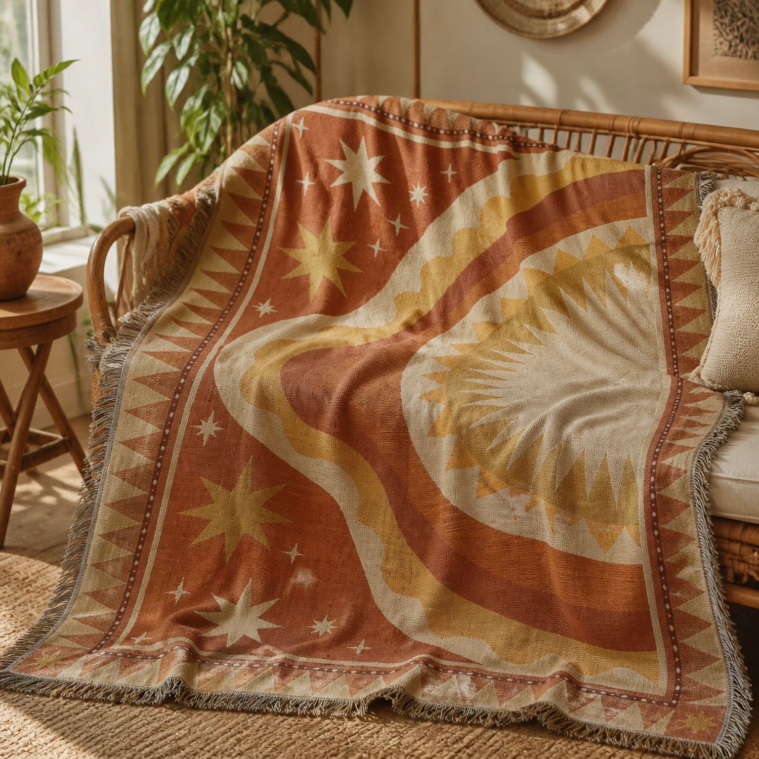 Horizon jacquard woven throw rug — desert brown celestial print, fringe detail | Solara Covers