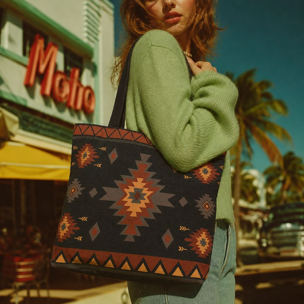 Zara Solara Aztec tote bag — black canvas with terracotta and tan stepped diamonds