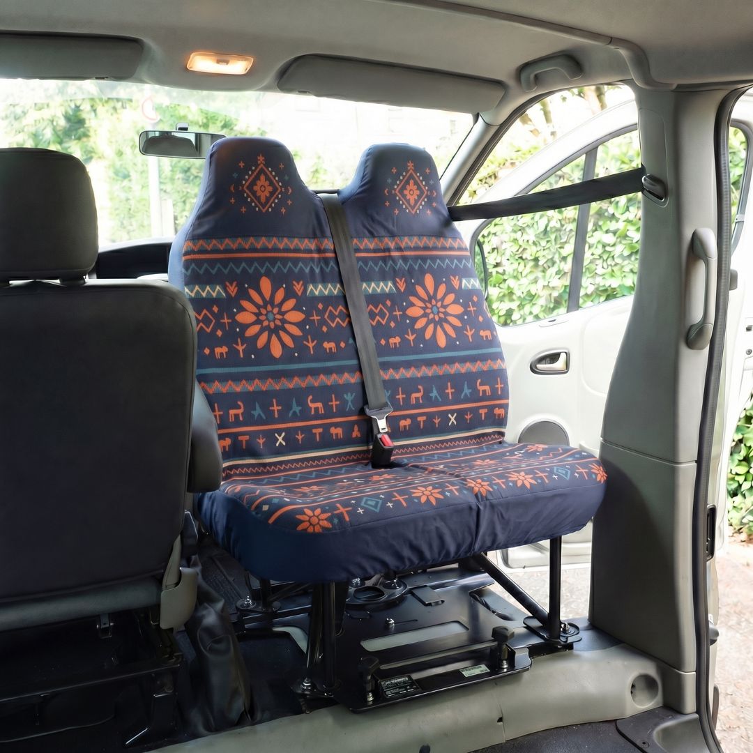 Solara Mana Folk Print double front seat cover - navy with deer motifs close-up