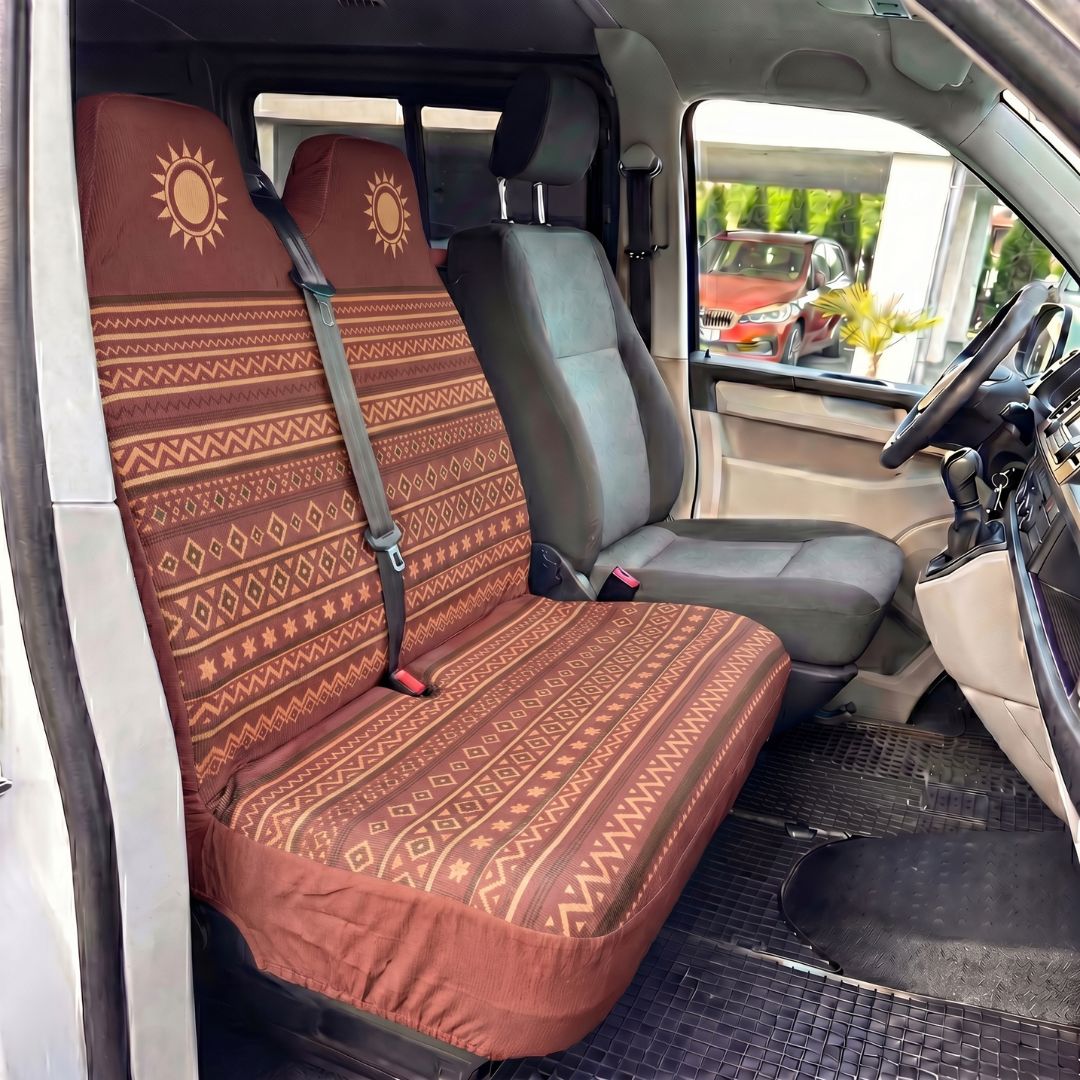 Solara Savana Aztec double front seat cover - brown & rust lifestyle shot