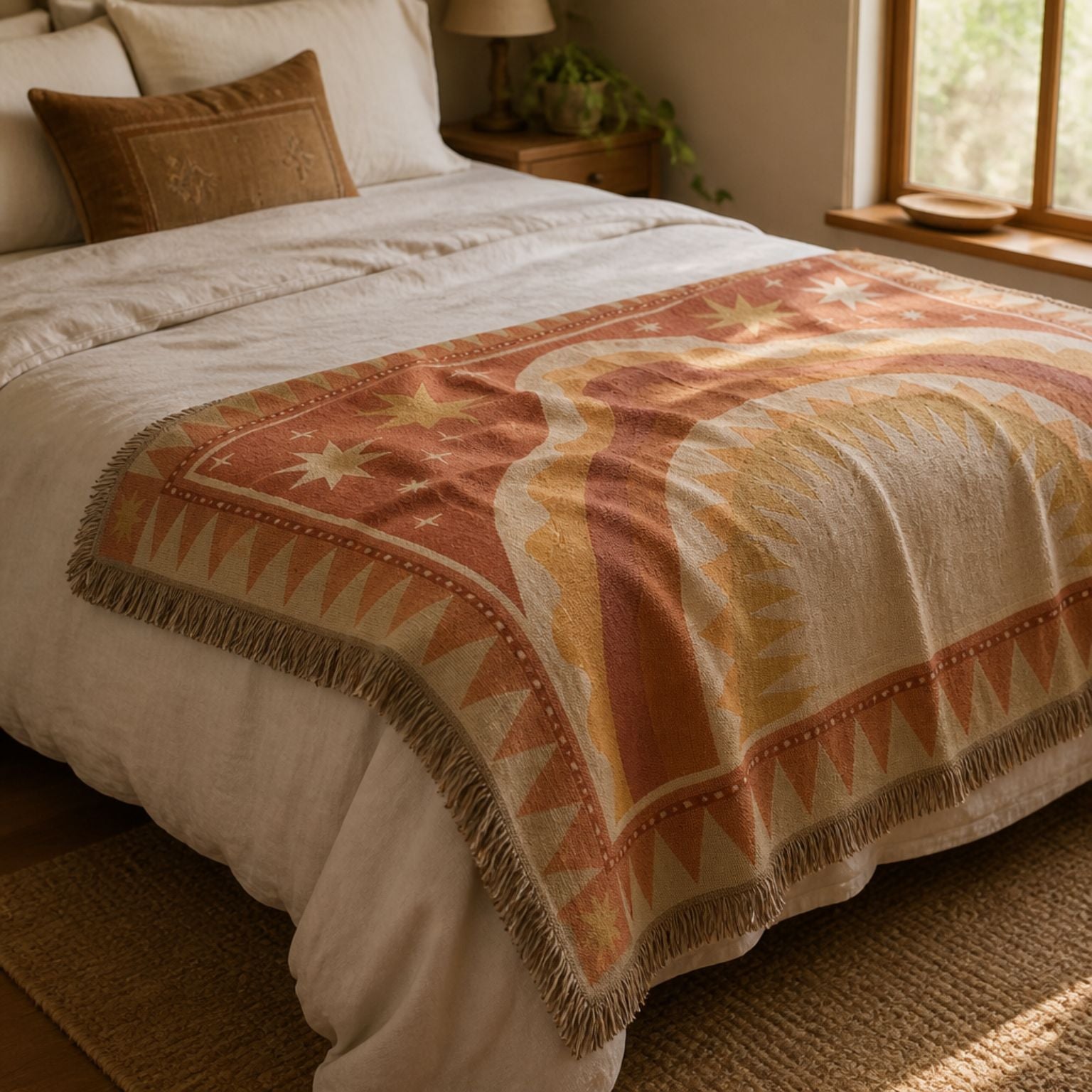 Horizon jacquard woven throw rug — warm desert browns, folded view | Solara Covers