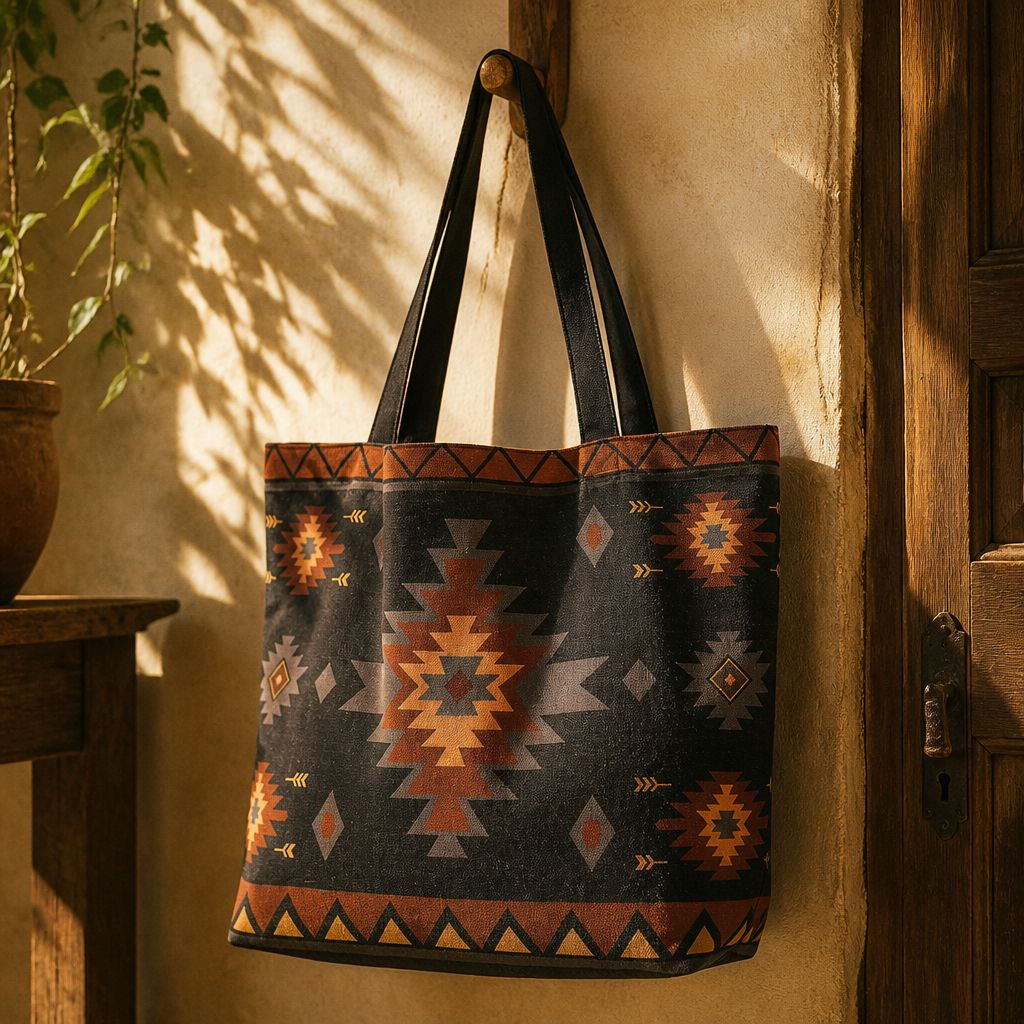Close-up of Zara tote bag fabric — terracotta Aztec diamonds on black canvas