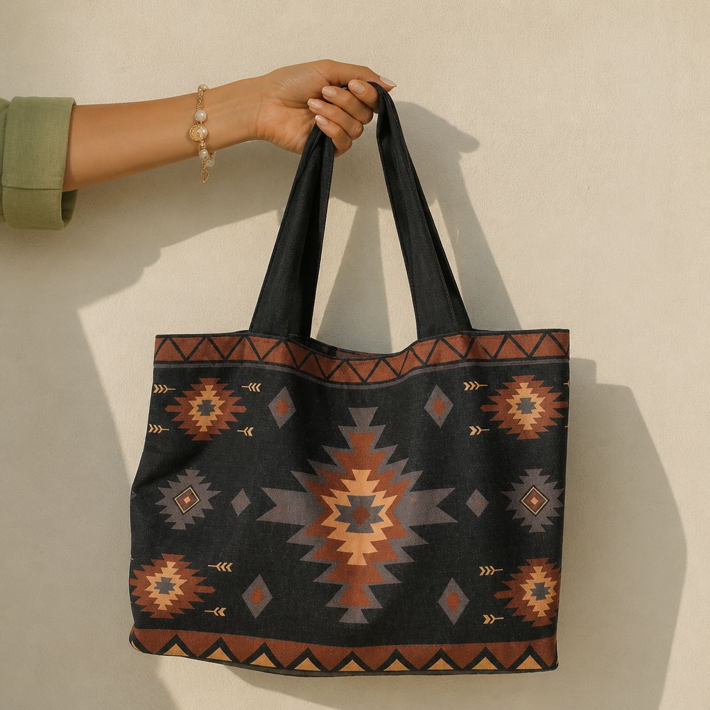 Zara tote bag in black cotton canvas with terracotta Aztec stepped-diamond pattern