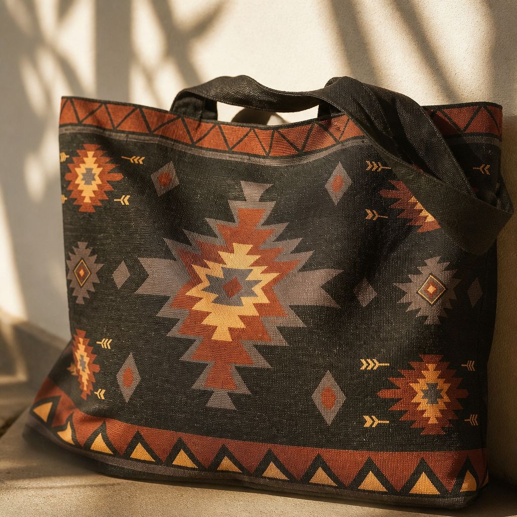 Zara Aztec tote bag — black canvas with terracotta stepped-diamond border print