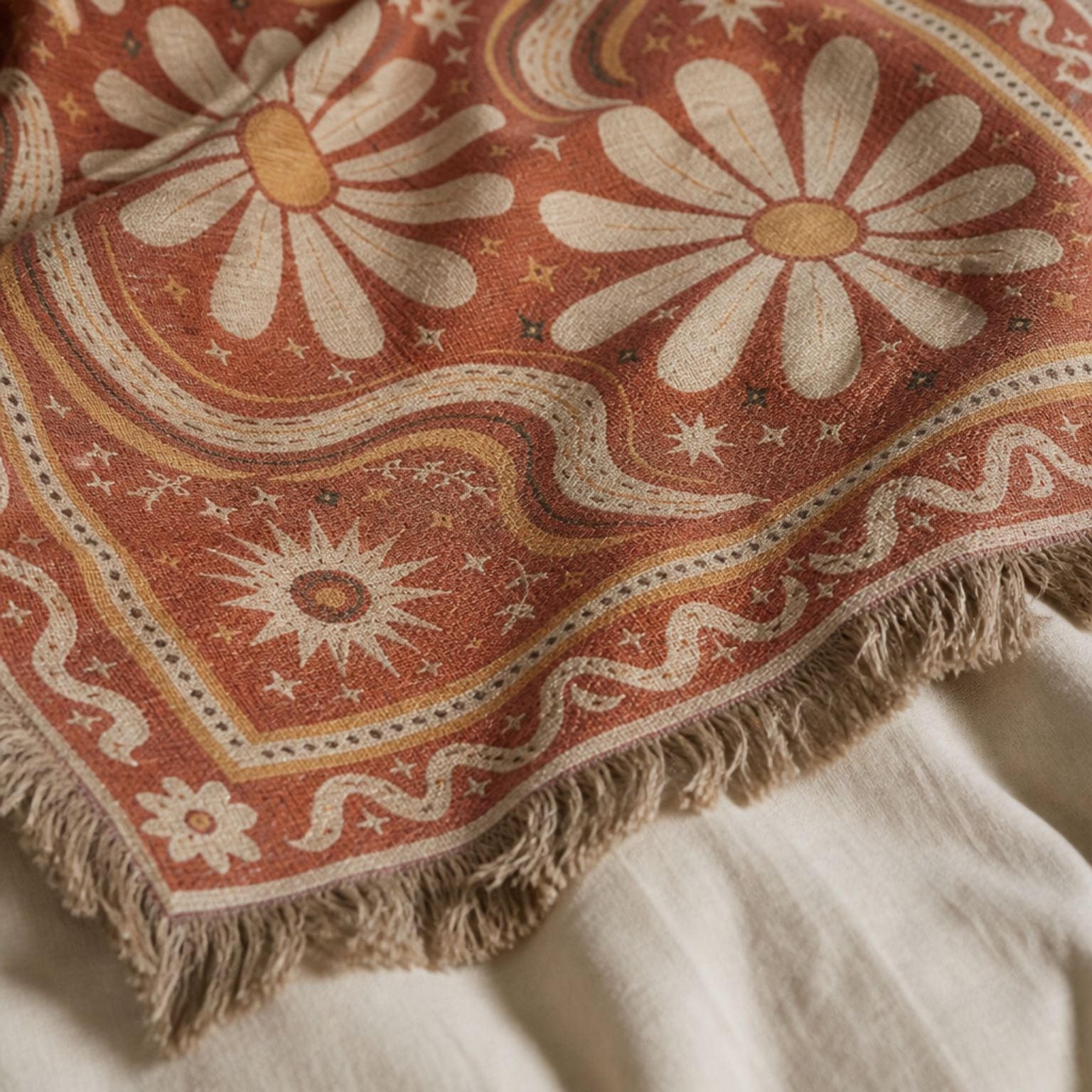 Daisy jacquard woven throw rug — burnt orange daisies, fringe detail | Solara Covers
