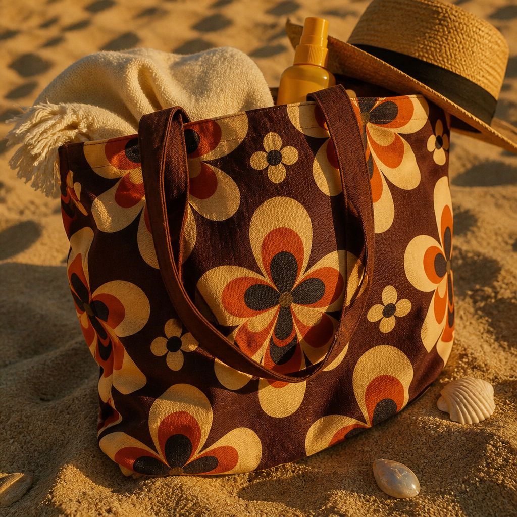 Sedona Aztec tote bag side view — caramel canvas with burnt-orange zigzags