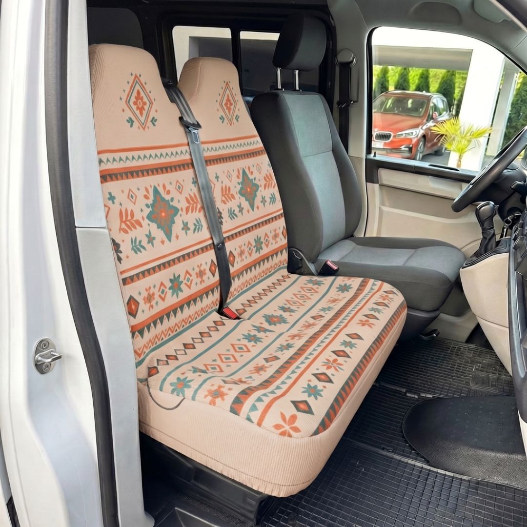 Solara Sierra Southwest Aztec double front seat cover - cream & red back view