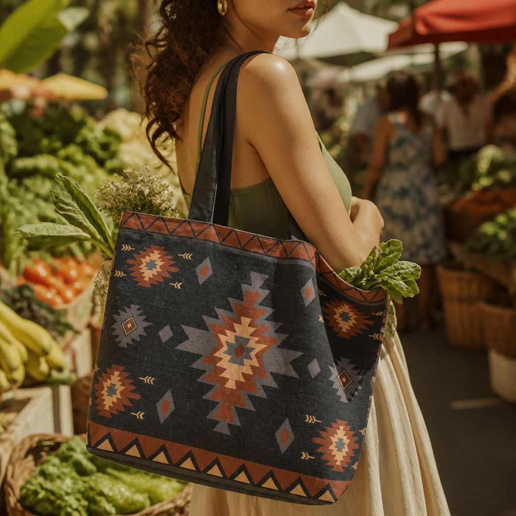 Solara Zara tote bag, alternate angle, black canvas with terracotta print