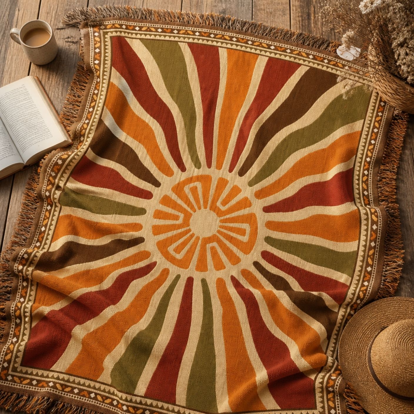 Halo jacquard woven throw rug — rust and ochre sunburst, fringe detail | Solara Covers