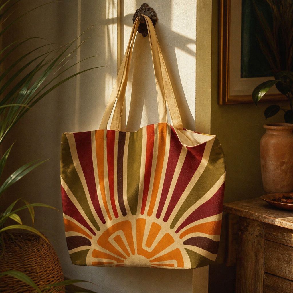 Close-up of Halo tote bag fabric — sunburst rays in ochre, burnt orange, and olive