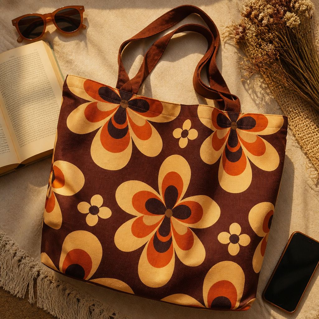 Close-up of Sedona tote bag fabric, desert bloom flower stars on caramel cotton canvas