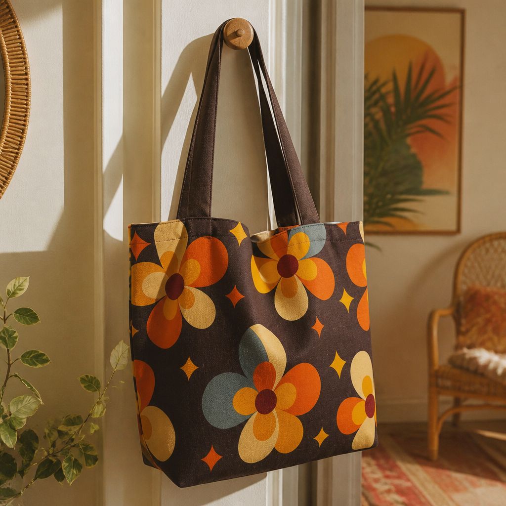 Close-up of Cosmos tote bag fabric — butter-yellow daisies and stars on black