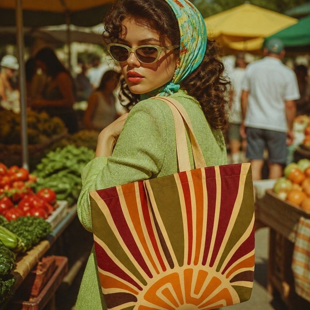 Halo Solara tote bag, alternate angle, sunburst in yellow and burnt orange