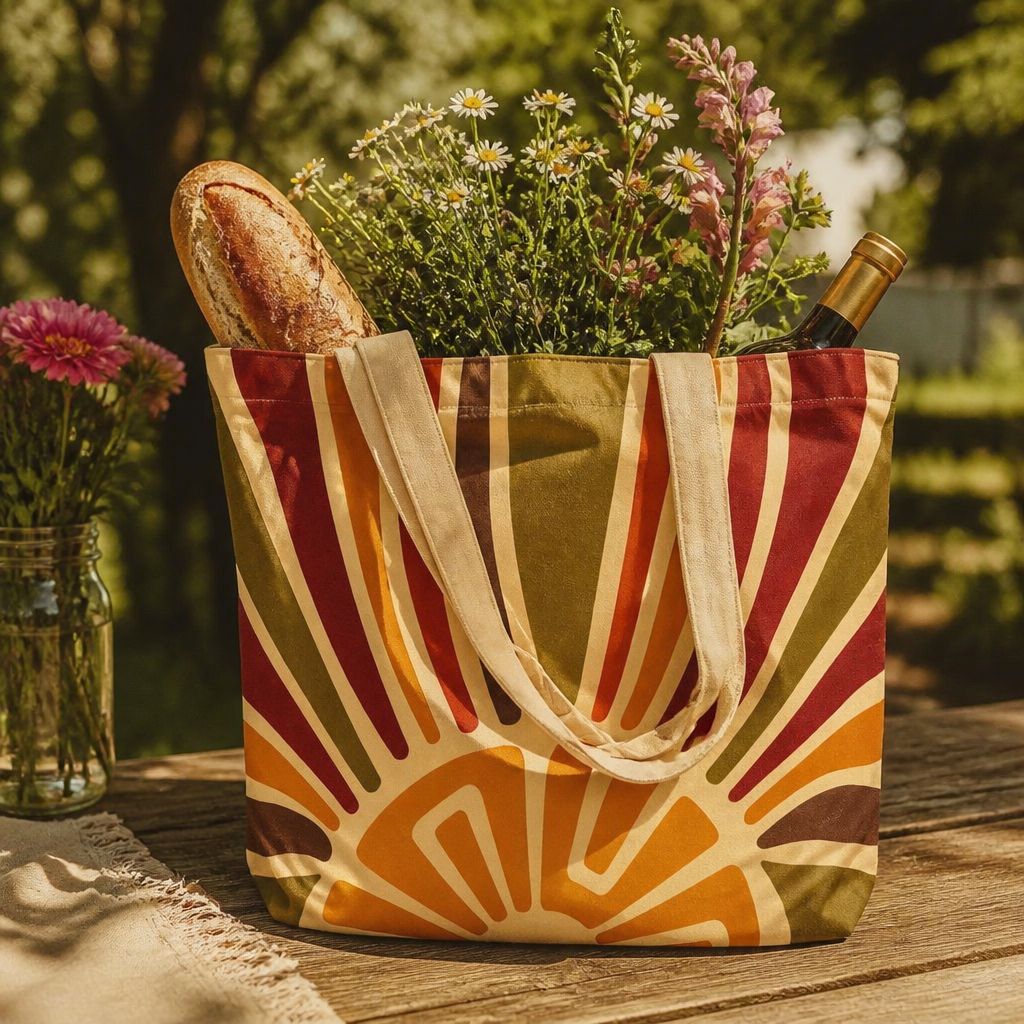 Solara Halo sunrise-glow tote bag — cotton canvas with radiating sun rays
