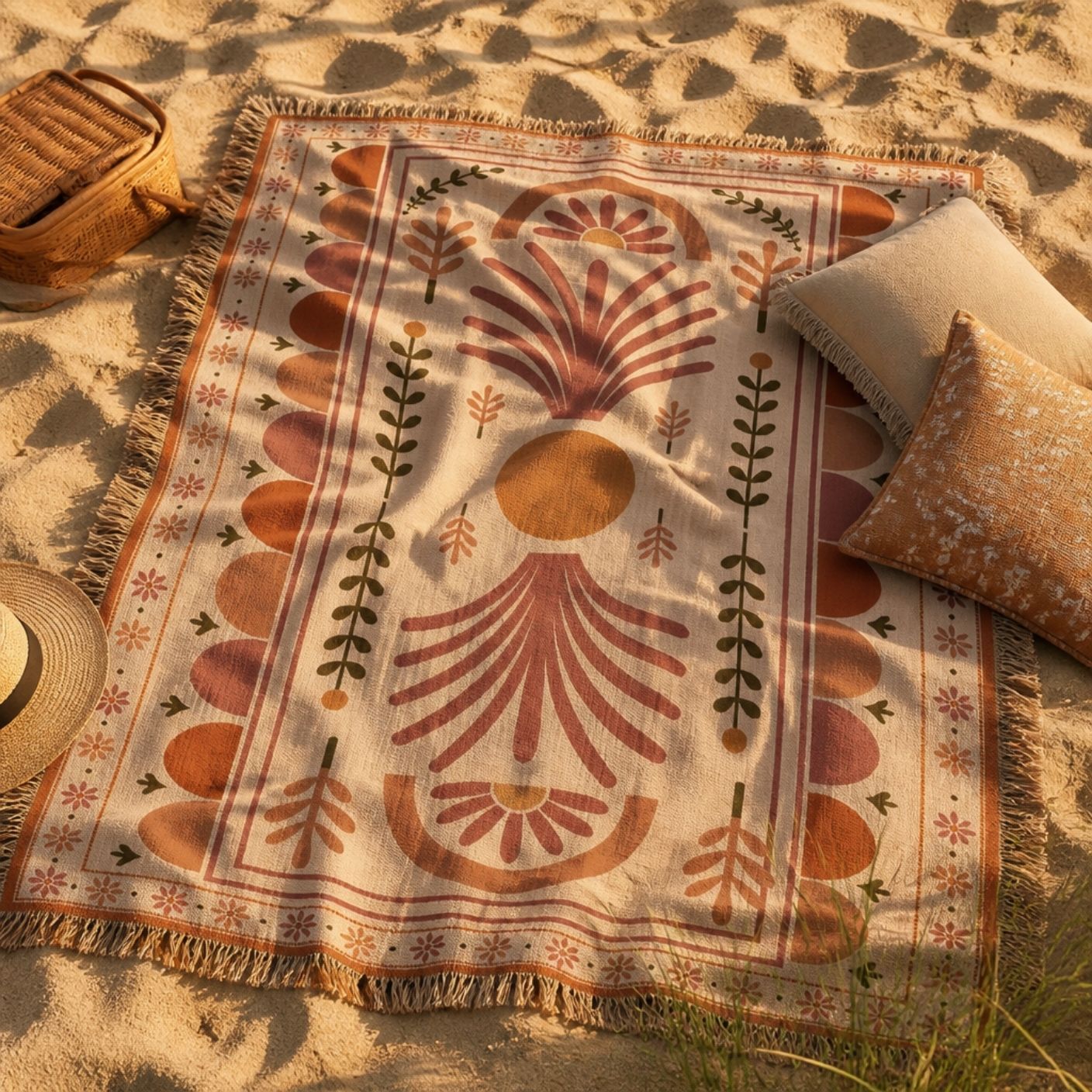Palmyra jacquard woven throw rug — Art Deco palm pattern detail | Solara Covers