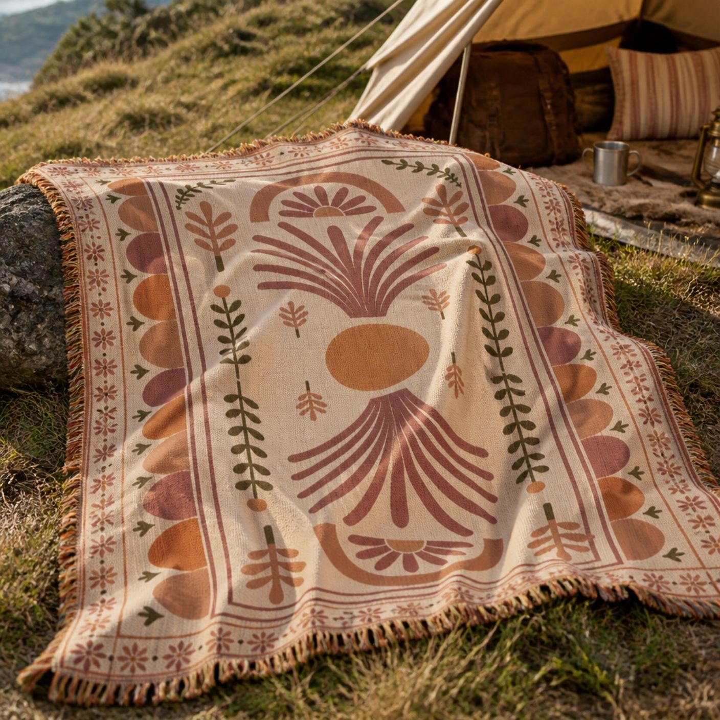 Palmyra jacquard woven throw rug — Art Deco boho rug styled lifestyle shot | Solara Covers