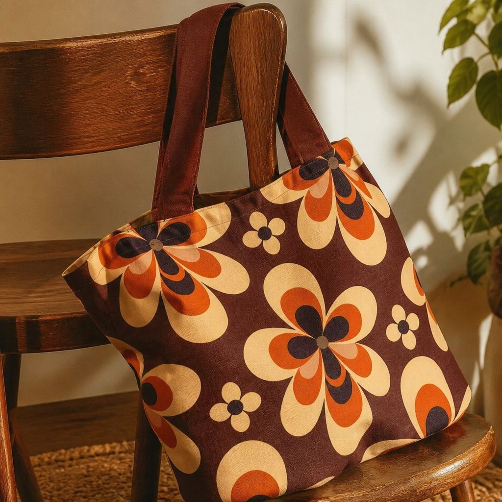Sedona Solara tote bag held against a sunlit cream wall, desert bloom pattern