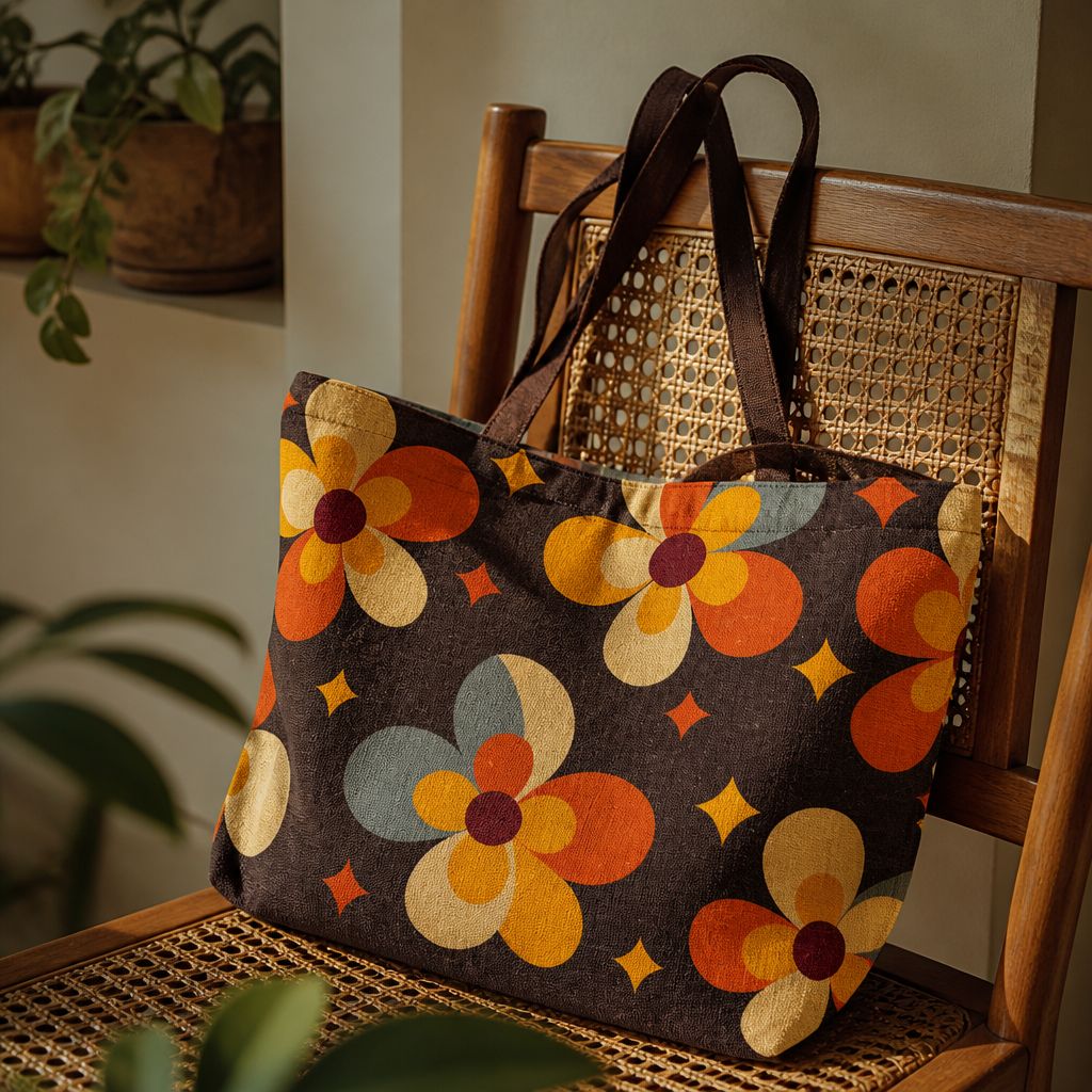 Cosmos Solara tote bag held against a sunlit cream wall, retro cosmic florals