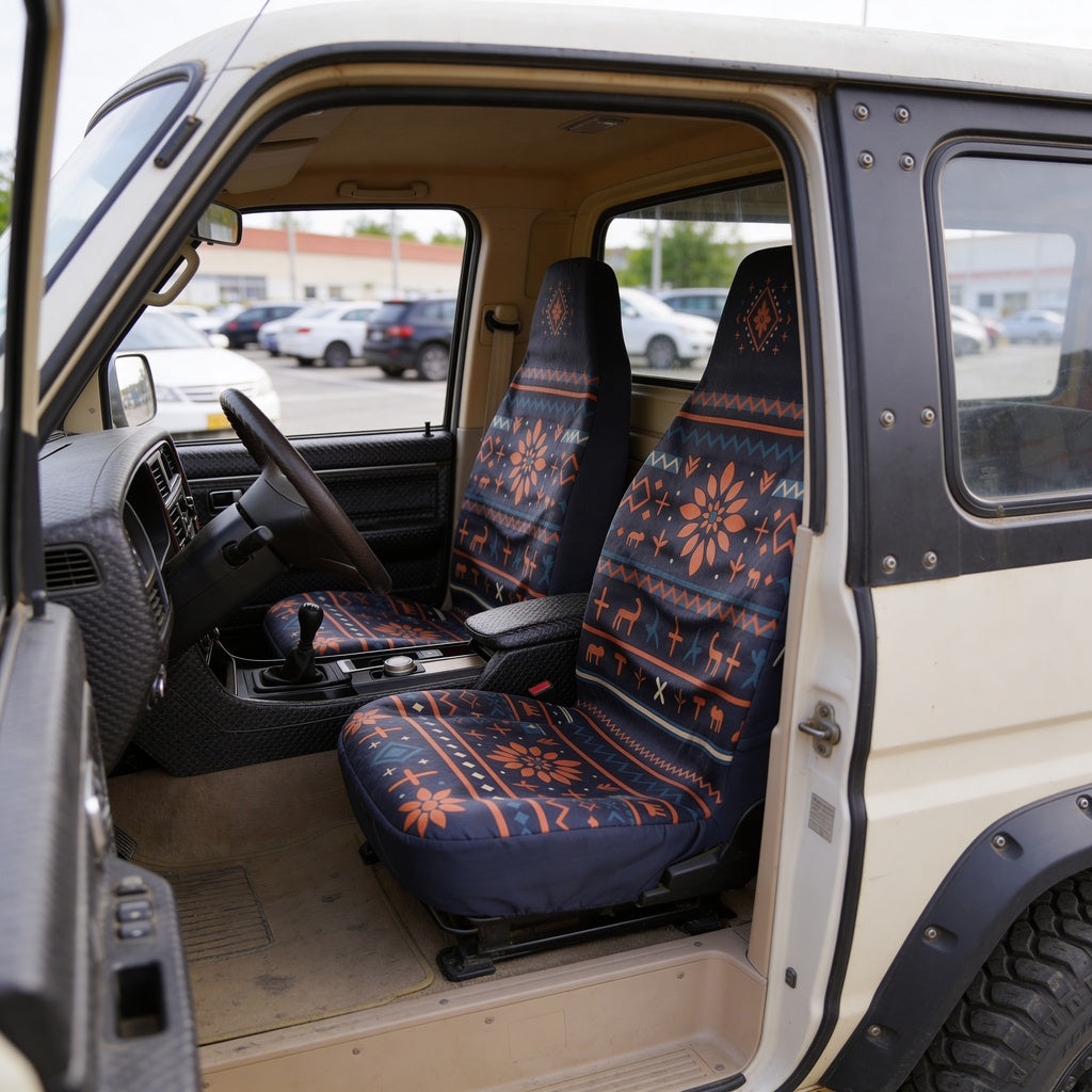 Solara Mana Folk Print universal seat cover - navy with deer motifs lifestyle shot