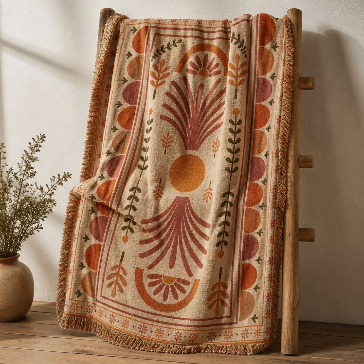 Palmyra jacquard woven throw rug — Art Deco palm motif, alternate angle | Solara Covers