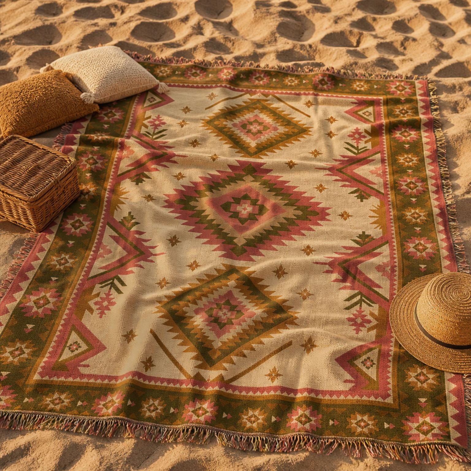 Taos jacquard woven throw rug — Aztec diamond pattern detail | Solara Covers