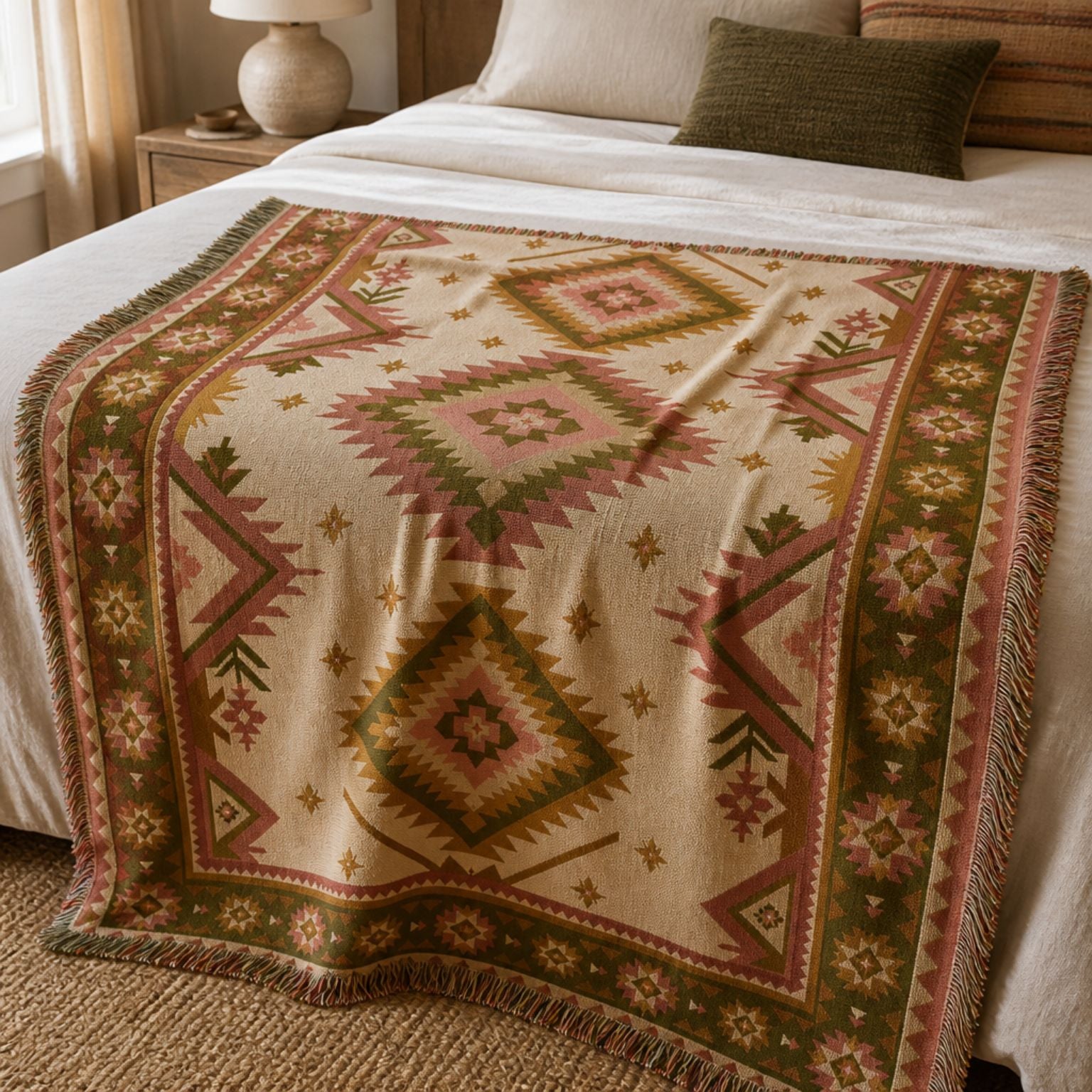 Taos jacquard woven throw rug — Southwestern rug styled lifestyle shot | Solara Covers
