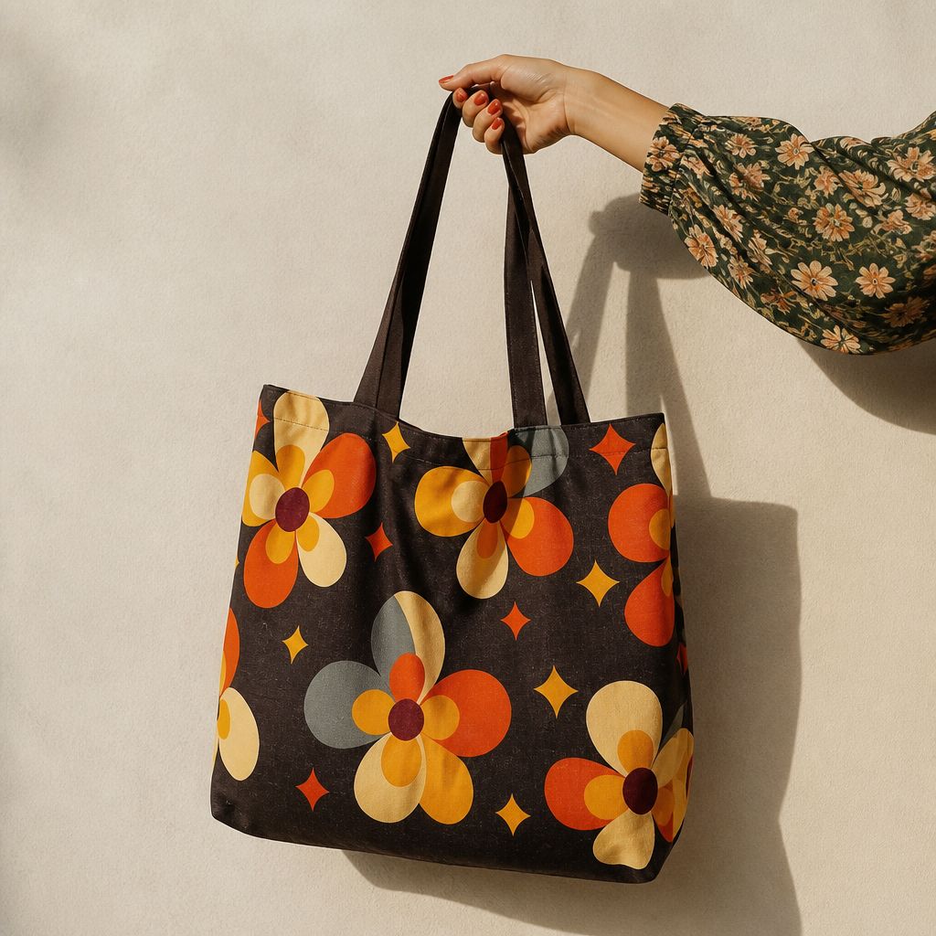 Cosmos tote bag in black cotton canvas with retro orange daisies and sparkle stars