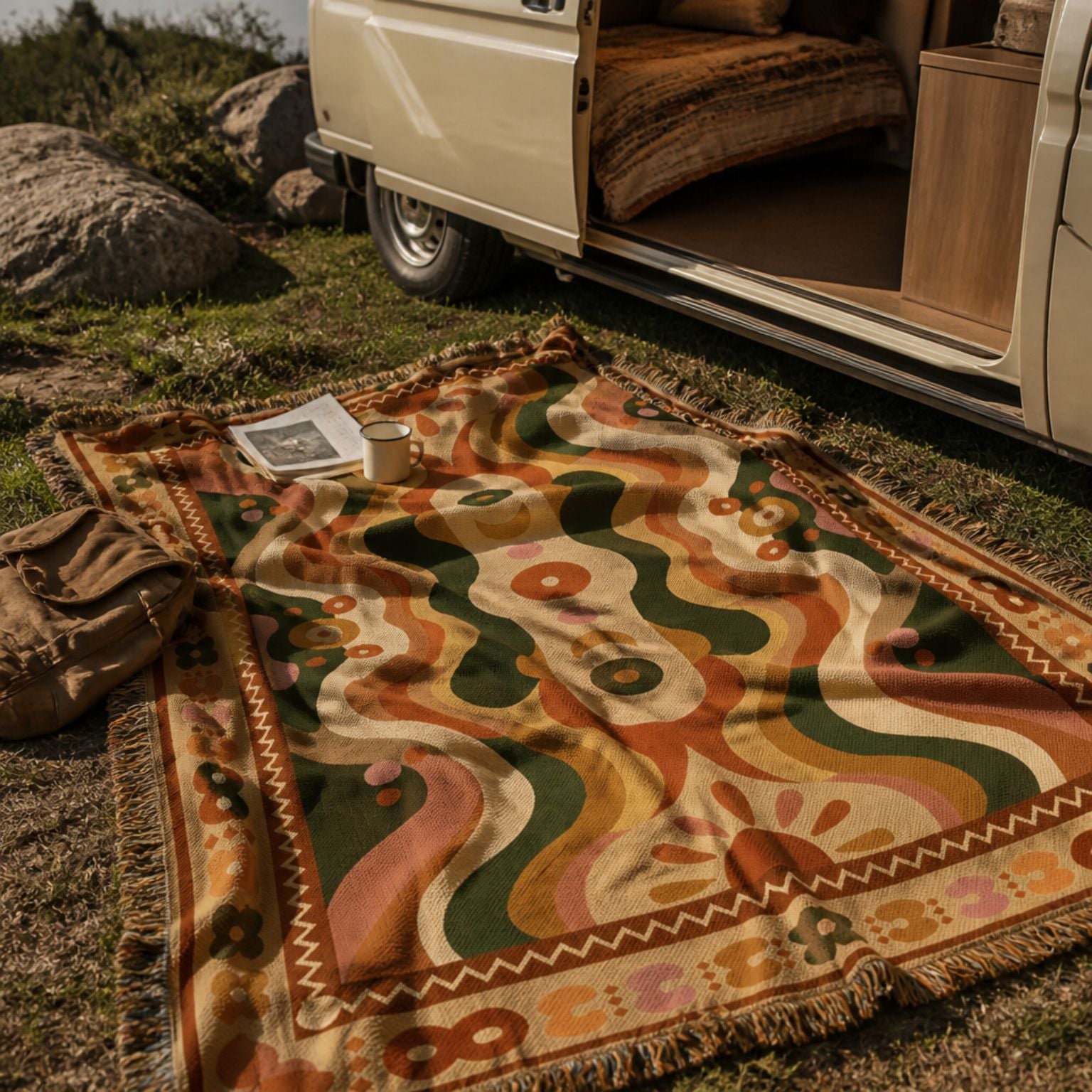 Nirvana jacquard woven throw rug — 70s retro boho rug styled lifestyle shot | Solara Covers