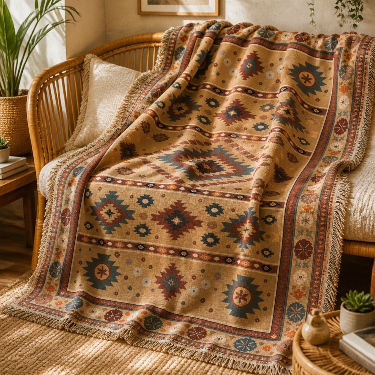 Indigo jacquard woven throw rug — camel, charcoal and rust kilim, alternate angle | Solara Covers