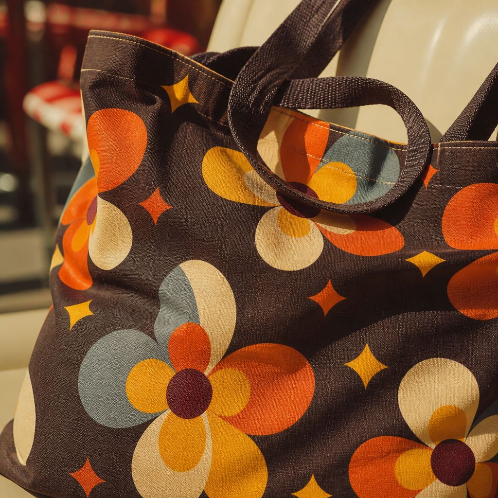 Cosmos tote bag detail — orange and yellow daisies on cotton canvas