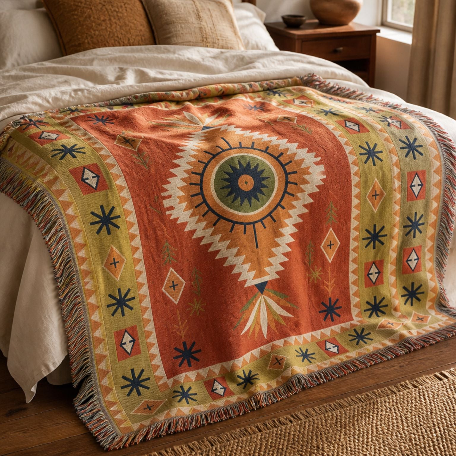 Yucca jacquard woven throw rug — terracotta boho medallion, alternate angle | Solara Covers