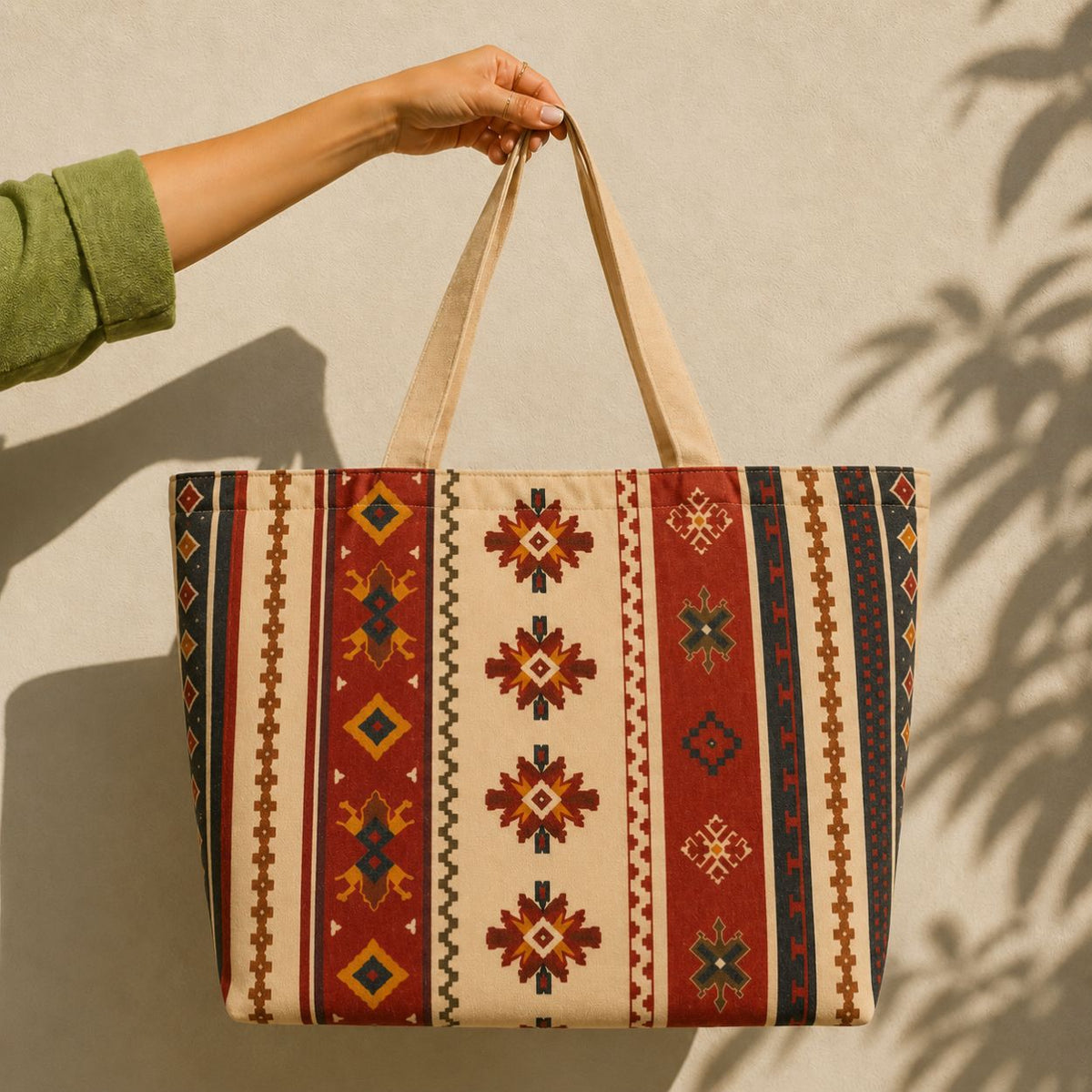Sonora tote bag held against a sunlit wall — desert kilim stripes in rust, cream and navy