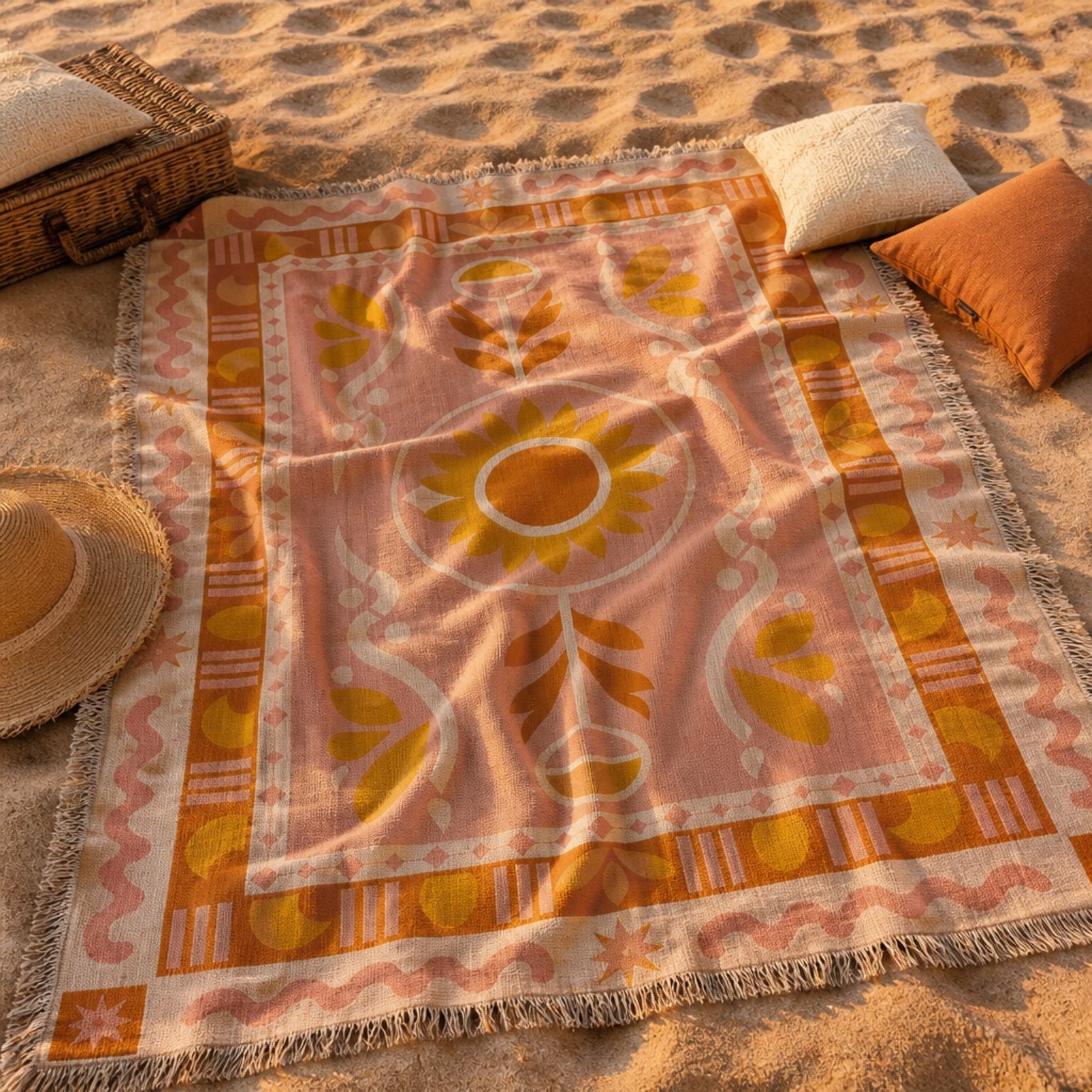 Dahlia jacquard woven throw rug — golden bloom boho floral, pattern detail | Solara Covers