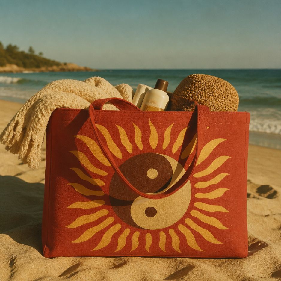 Tao tote bag on the beach packed with a blanket, sunscreen and straw hat