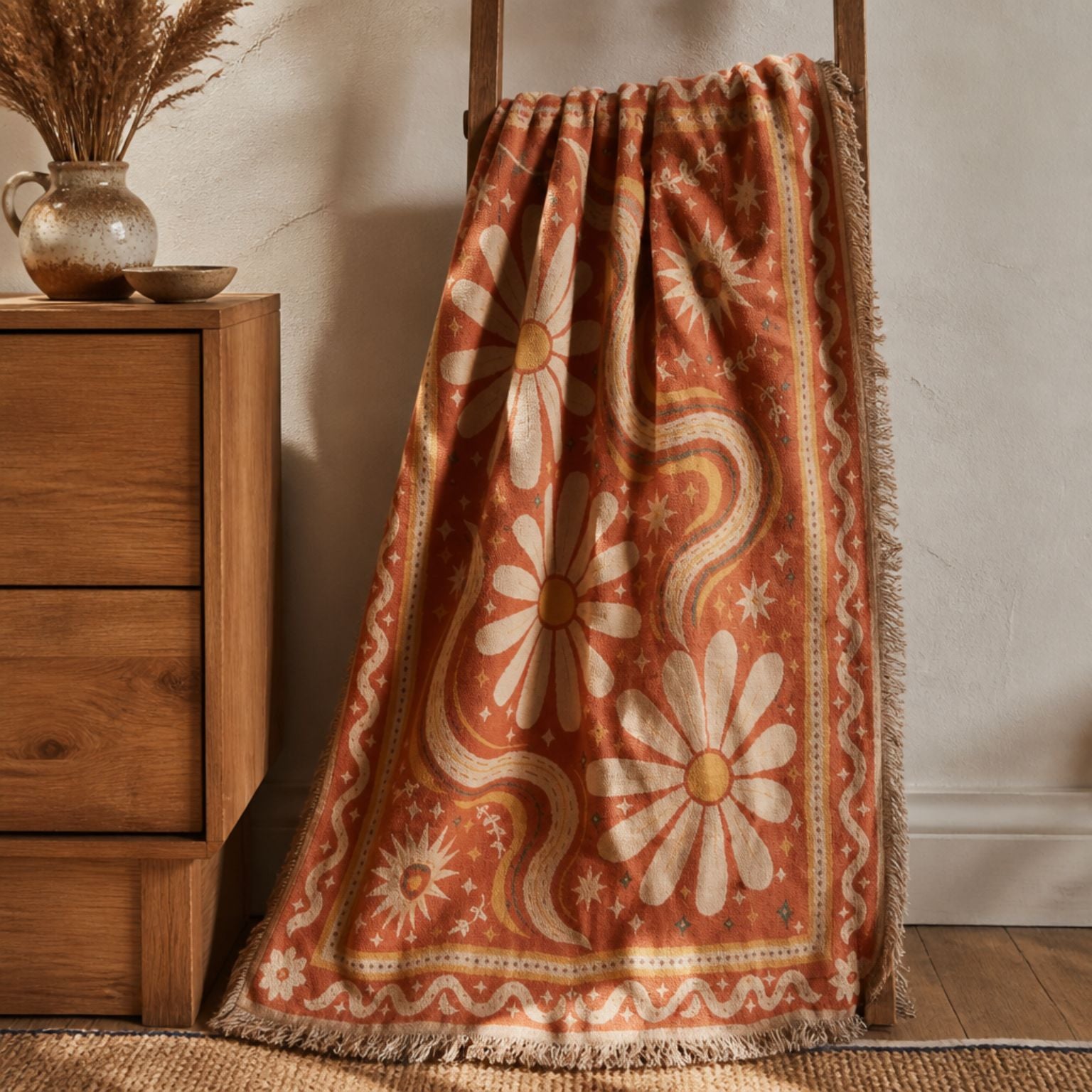 Daisy jacquard woven throw rug — retro daisies, alternate angle | Solara Covers
