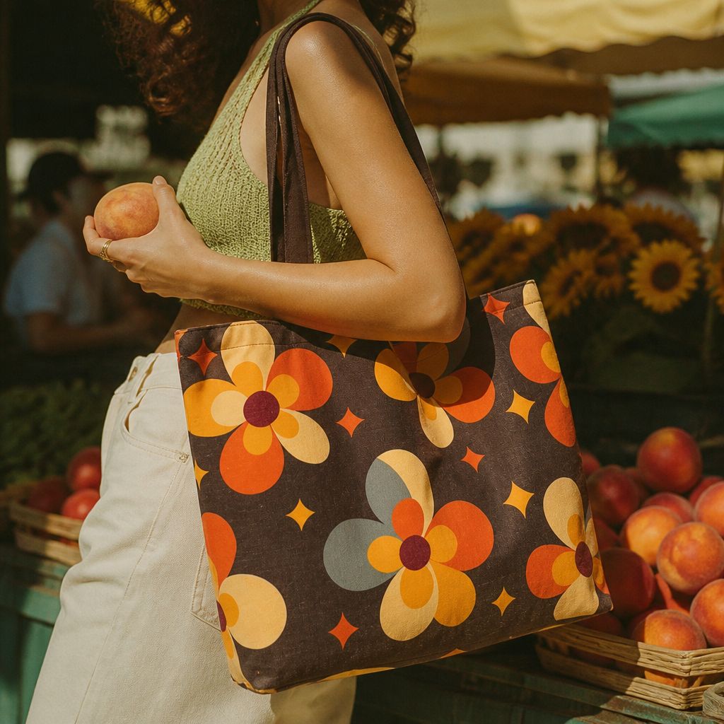 Cosmos tote bag — black canvas with bold orange daisies and four-point stars