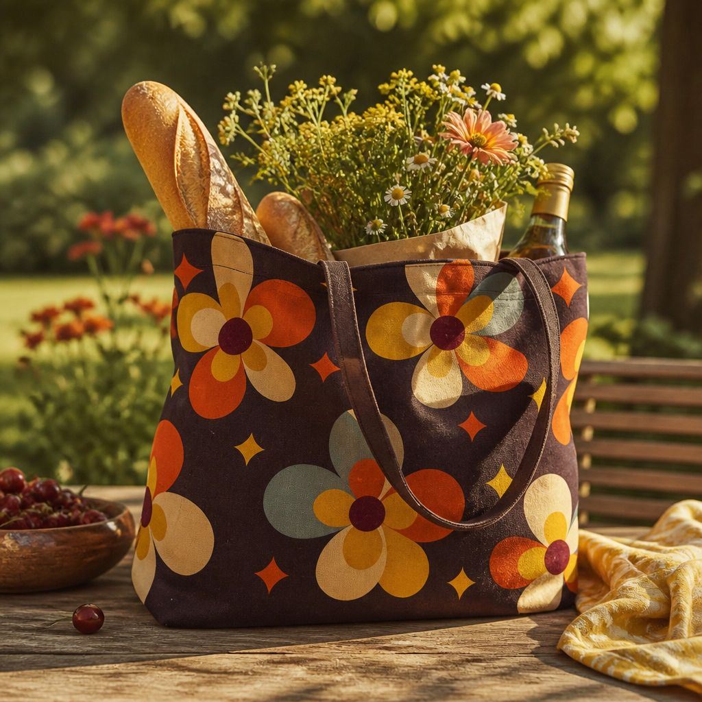 Solara Cosmos tote bag, retro-cosmic floral print on black cotton canvas