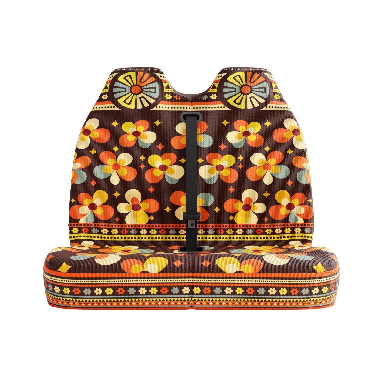 Cosmos double front seat cover detail showing multicolor Aztec geometry and folk flowers | Solara Covers
