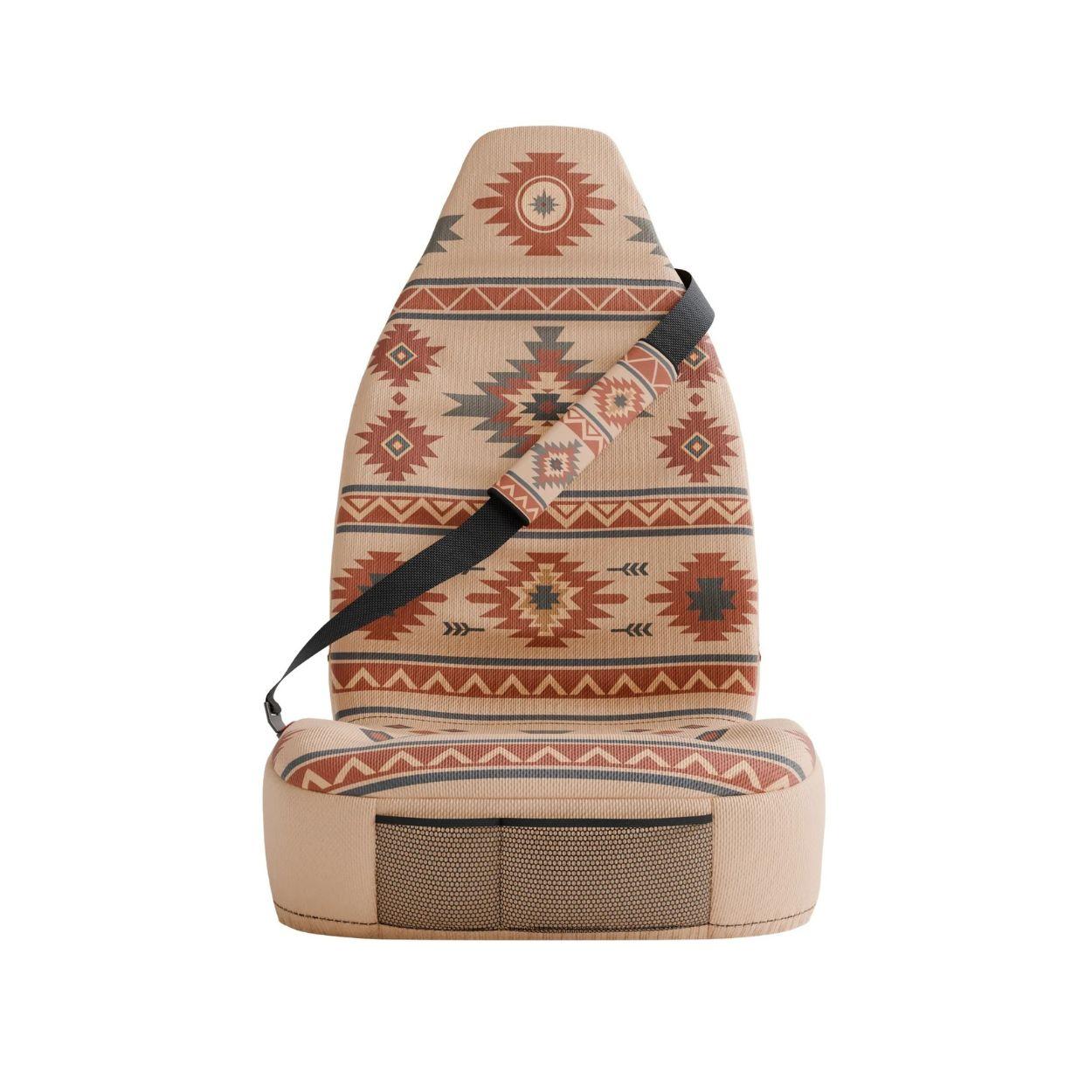 Indigo seat belt sleeves styled in vehicle interior — cream and blue padded comfort | Solara Covers